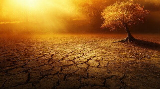 Arid Cracked Earth Under Golden Sunlight, Symbolizing Climate Change Effects on Barren Landscapes