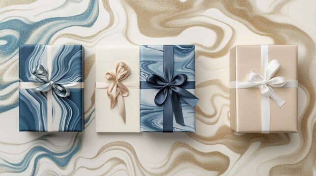 Beautifully Wrapped Gift Boxes with Elegant Ribbons and Festive Marble Patterns for Special Occasions