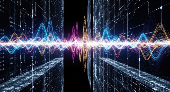Abstract digital data visualization of audio waves in a futuristic setting