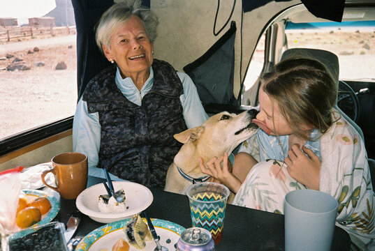 Family travel together dog lick breakfast  RV vacation  Film 