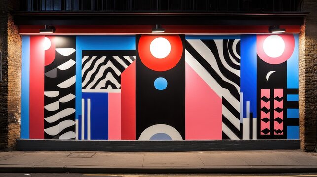 Bold Abstract Geometric Mural Adorning an Urban Building Facade with Vibrant Colors