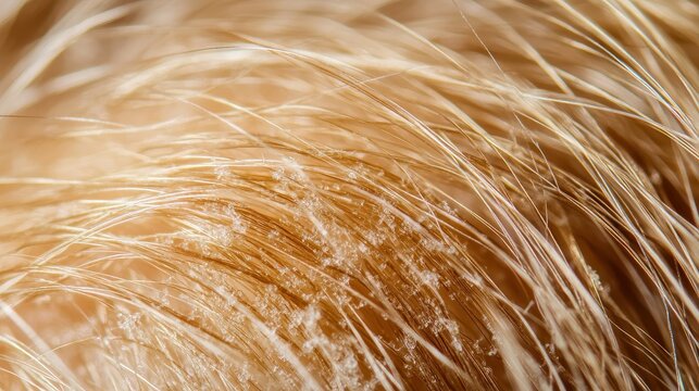 Close up view of flaky skin forming on a scalp due to seborrheic dermatitis, highlighting dry patches on hair follicles.