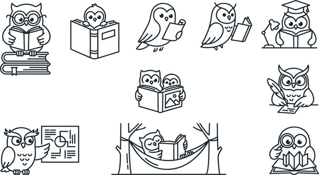 Cute Owl Reading Book Line Icon Vector Set Featuring Wise Owls Studying, Teaching, and Learning for Education and School Logo Designs