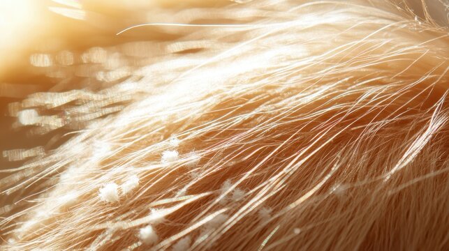 Close-up macro view of flaky scalp with dandruff, highlighting seborrheic dermatitis condition and hair strands