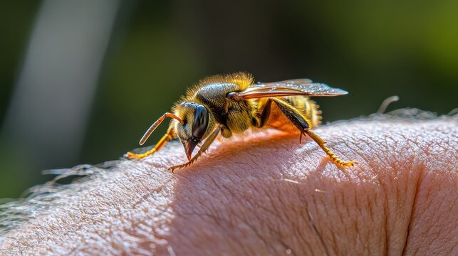 Close-up of a bee on human skin, its sting causing inflammation and swelling on the forearm in natural daylight