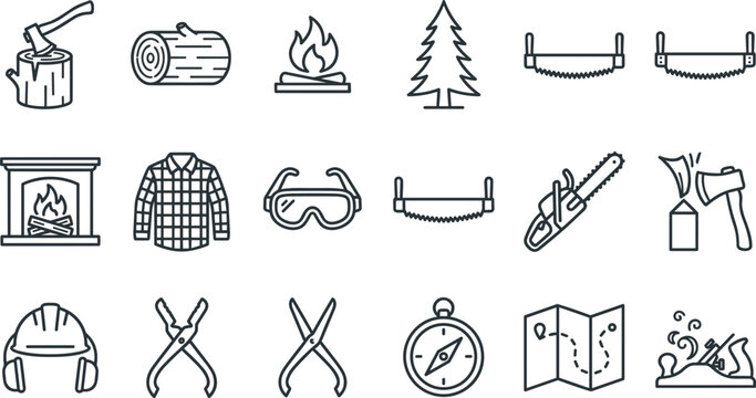 Lumberjack and Woodworking Line Icon Vector Set Featuring Axe, Chainsaw, Log, Campfire, Saws, Safety Gear, and Forestry Equipment Symbols