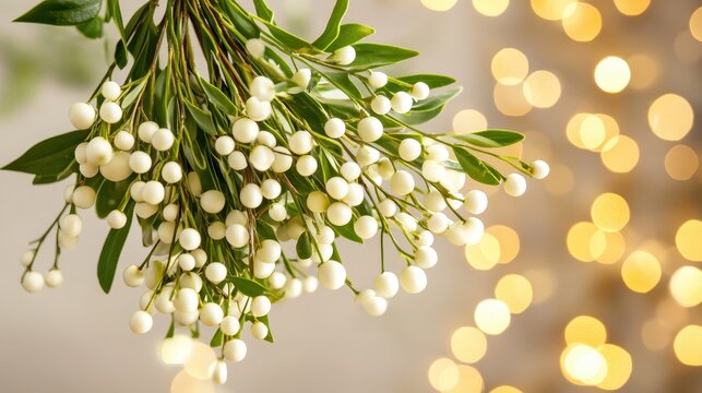 Close-up of White Mistletoe Berries and Green Leaves with Soft Bokeh Lights