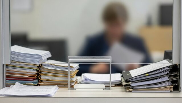 Stacks of documents and folders on a customer service counter desk with a blurred office worker in the background.