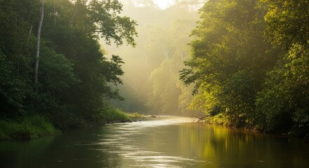 Fototapeta premium Golden Morning Haze Drifting Over a Serene, Winding Jungle River