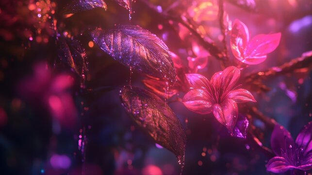 Close-up view of glowing, iridescent floral and leaf textures in a vibrant, dreamlike digital garden.