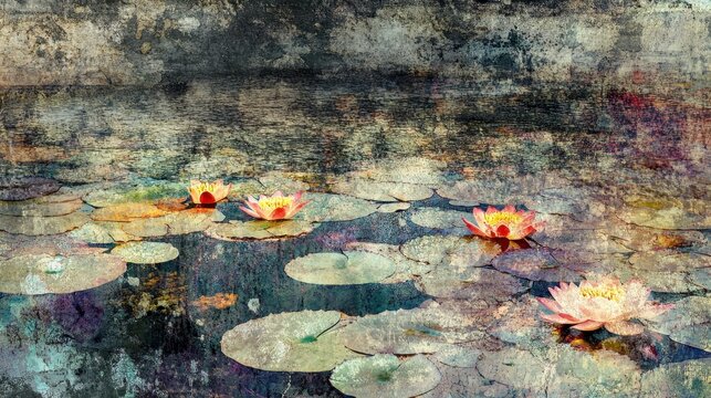 Close-up view of vibrant waterlilies blooming with delicate petals on a tranquil pond surface, showcasing aquatic beauty.