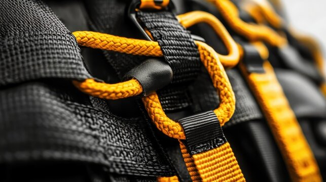 Detailed Close-Up of Industrial Safety Harness Gear with Yellow Webbing and Metal Buckle
