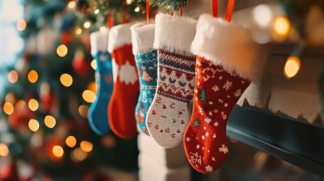 Colorful Christmas stockings with fluffy trim hang from a festive mantle adorned with bokeh lights
