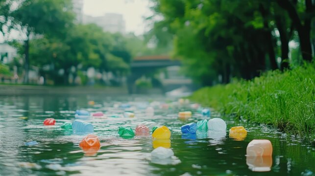 Colorful Plastic Pollution Drifting on the Surface of a Suburban River Near the Shore