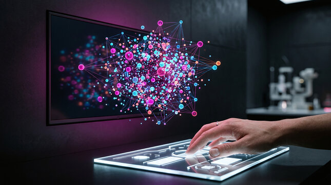Holographic scatter plot on digital dashboard with human hands &ndash; interactive data analysis, correlation visualization, business insights, commercial stock