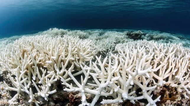 Degraded coral reefs showing severe signs of bleaching due to ocean acidification and climate change effects.