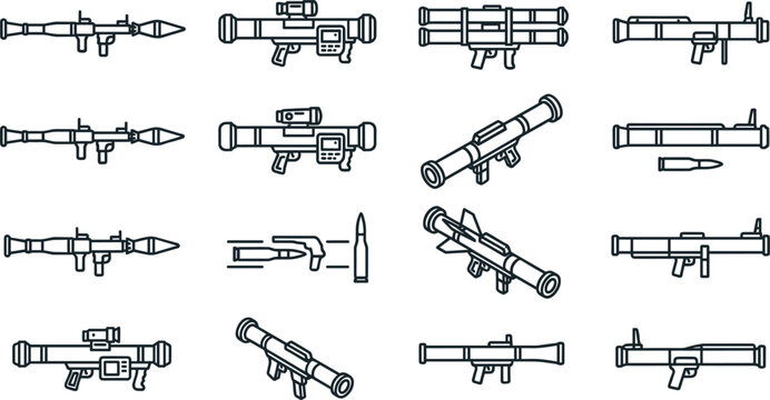 Rocket Launcher and Bazooka Line Icon Vector Set Featuring RPG, Missile, Heavy Weaponry, and Military Firepower Symbols for Gaming or Graphic Design