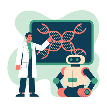 Genetic research scientist presenting DNA structure with robot aide