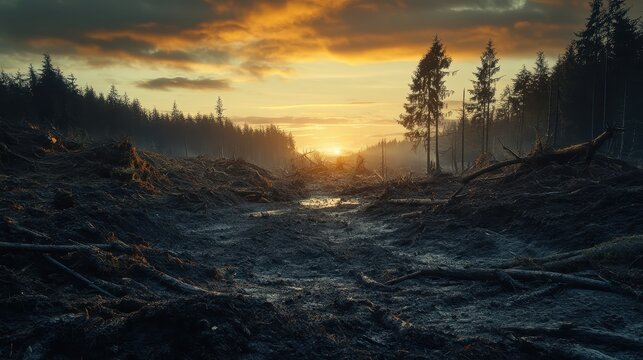 Devastated Forest Landscape During Sunset After Logging Operations With Cleared Land And Cut Trees
