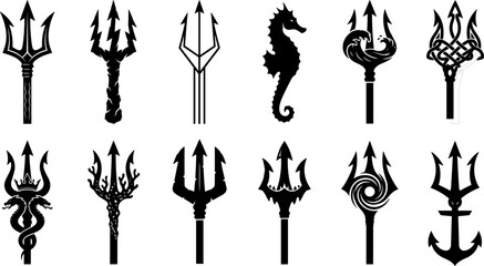 Trident Silhouette Vector Icon Set Featuring Poseidon Sea Spear, Seahorse, Ocean Whirlpool, Anchor, and Mythological Weapons for Logo and Tattoo Designs © Mdsumon
