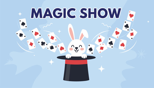 Magic show advertising banner with a cute white rabbit popping out of a black top hat with flying playing cards.