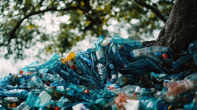 Discarded plastic bottles tangled in riverbank vegetation against a tree-lined background, highlighting environmental pollution.