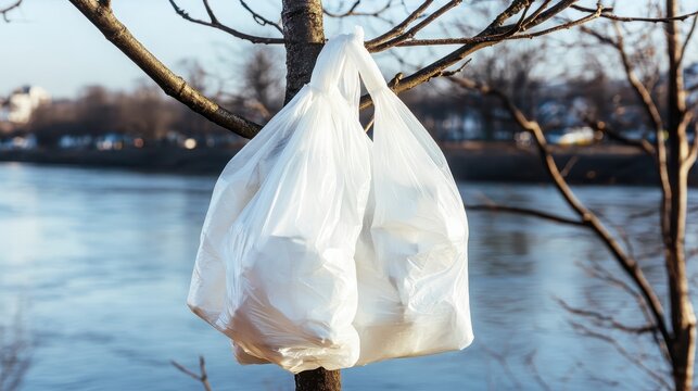 Discarded White Plastic Bags Tangled in Tree Branches by Polluted Riverbank