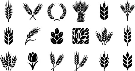 Wheat Ear and Agriculture Silhouette Vector Icon Set Featuring Barley Stalks, Rye Wreaths, Grain Sheaves, Oat Spikes, and Organic Farming Logo Design Elements © Mdsumon
