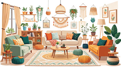 Obraz premium Vibrant bohemian style living room interior.