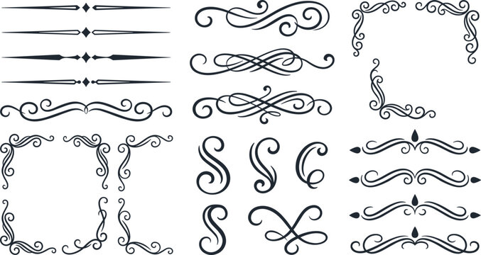 Vintage ornamental flourish and decorative divider collection with elegant scroll borders, filigree frames and classic design elements