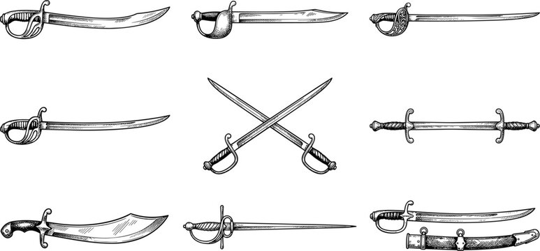 Vintage Hand Drawn Sword Vector Set Featuring Cutlass, Saber, Rapier, Scimitar, and Crossed Swords Silhouette Elements for Logo and Tattoo Design