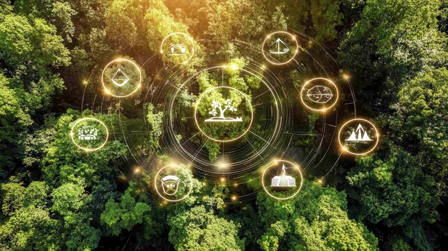 Environmental lawyers reviewing regulations with abstract shapes representing sustainability and ecological law concepts amidst a verdant forest canopy.
