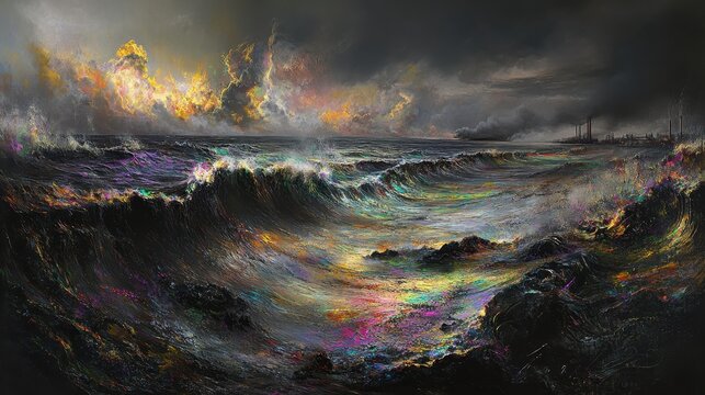 Dramatic Stormy Ocean Waves Reflecting Vibrant Iridescent Colors Under Moody Overcast Skies
