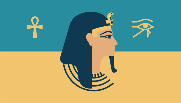 Egyptian pharaoh side profile portrait with golden ankh and eye of horus symbols over blue and yellow sky.