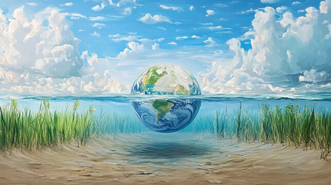 Earth half submerged in ocean under cloudy sky, representing climate change impacts on marine environments.