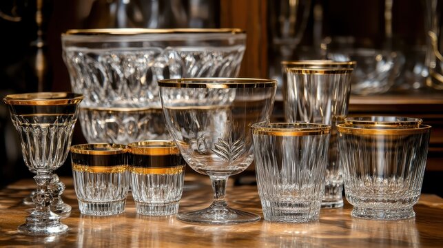 Elegant gold-tinted crystal glassware collection displayed with intricate details and refined artistry