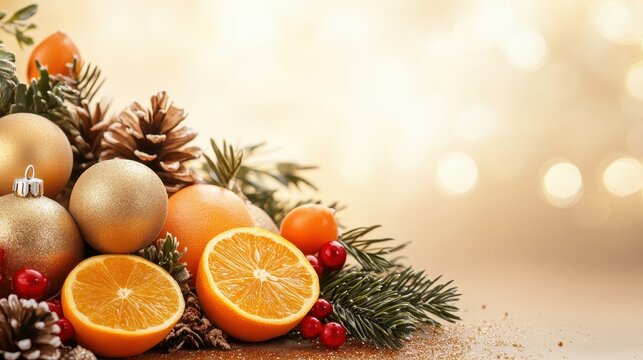 Festive Christmas arrangement of fresh oranges, cranberries, pinecones, and evergreen sprigs with soft, glowing golden light