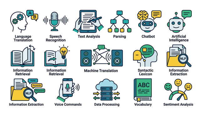 AI Icons: Language, Speech, Text, Chatbot, Data Processing & More