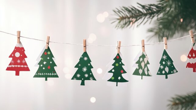 Festive Christmas Tree Cards Hanging on a String with Clothespins