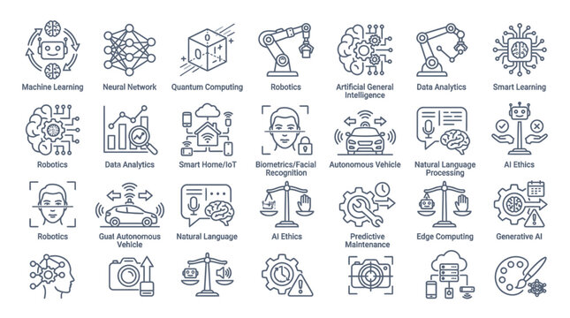 AI Technology Icons: Machine Learning, Robotics, Data Analytics, AI Ethics, VR, Autonomous Vehicles