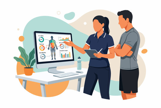 Fitness Coach Analyzing Health Data and Body Statistics with Client