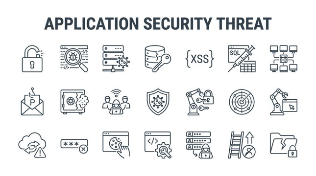 Application Security Threat Icons: Cyber Safety, Protection, Vulnerability, Data Breach