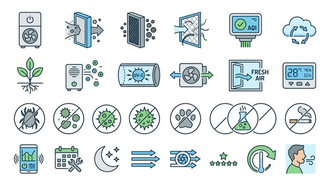 Air Purifier Icons Set: Clean Air, Health, Technology, Maintenance
