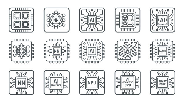 Artificial Intelligence AI Hardware Technology Icons: CPU, GPU, NPU, Neural Network
