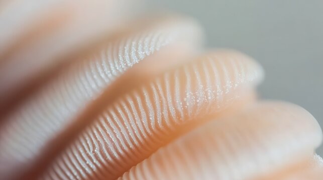 Extreme close-up of dystrophic fingernail texture showing ridges and pitting due to psoriasis, under bright studio lighting.