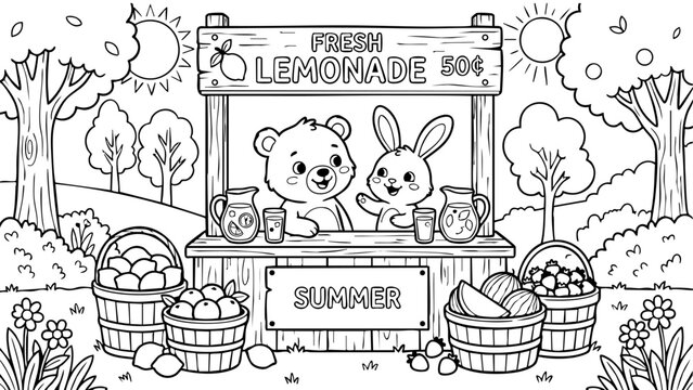 Cute lemonade stand with fruits and signboard, summer coloring page, simple black and white line art