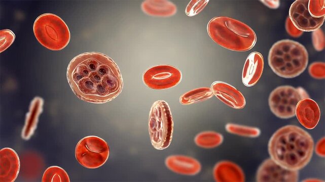 Plasmodium schizont inside red blood cell, 3D animation showing mature malaria parasite with multiple merozoites, illustrating erythrocytic stage of infection.