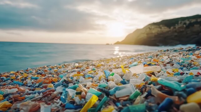 Ocean beach choked with colorful plastic debris, a stark image of environmental pollution under overcast skies