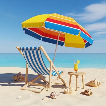 Colorful hot air balloon flying over beach with people and parasail