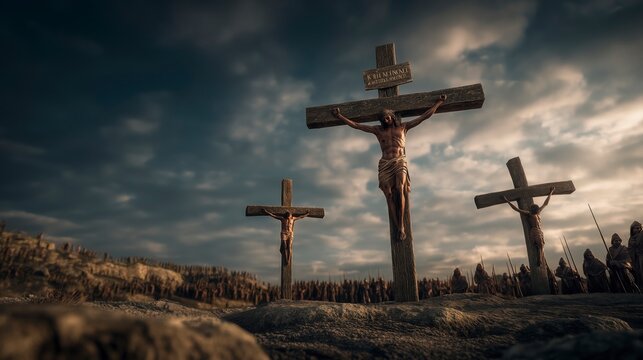 Jesus hangs upon the central cross at Golgotha between two others, fulfilling God&rsquo;s redemptive plan and offering hope, forgiveness, and salvation to all humanity.
